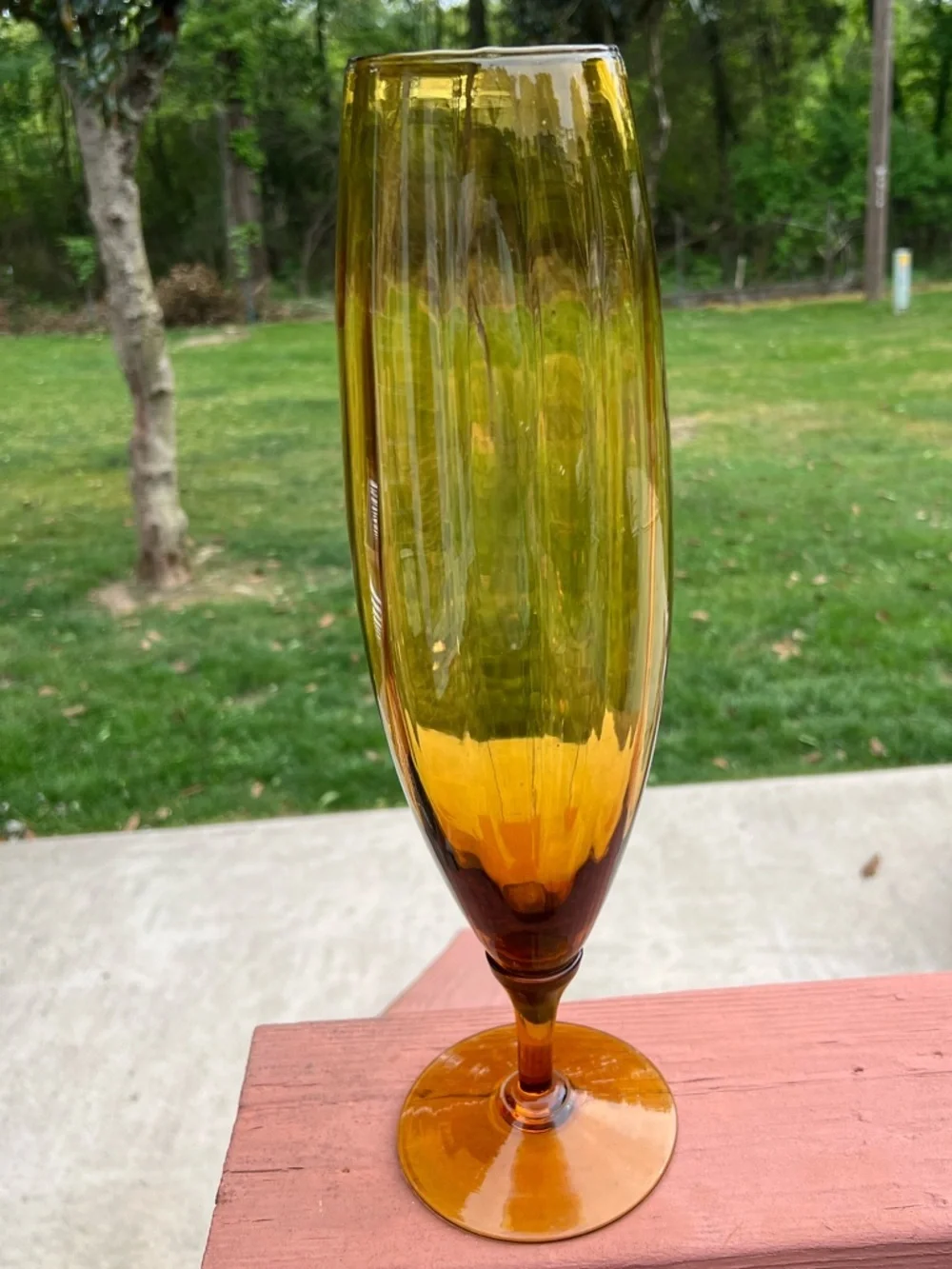 Tall Amber Glass Stem Vase 16.5” Mid Century Modern Decor Optic Panel